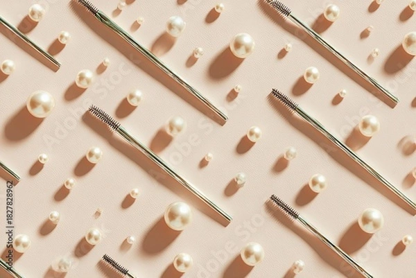 Fototapeta Elegant pattern on pastel background; shiny metallic straws and ivory pearls; chic and trendy