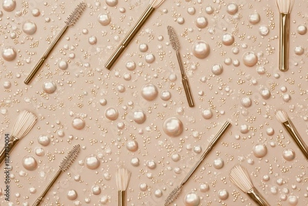 Fototapeta A flat lay arrangement of golden makeup brushes, pearls, and tiny beads on a peach surface