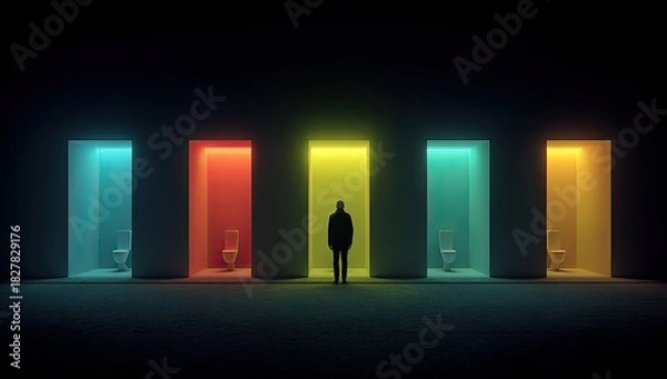 Fototapeta Silhouette stands before brightly lit doorways, each with a toilet, creating an abstract scene