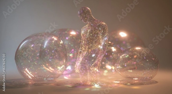 Fototapeta Figure composed of glittering particles, stands among translucent orbs, illuminated from multiple angles