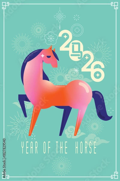 Obraz Happy Chinese New Year 2026. Year of the Horse Zodiac Greeting Card, Poster, Banner, Brochure, Calendar (Translation: Horse).