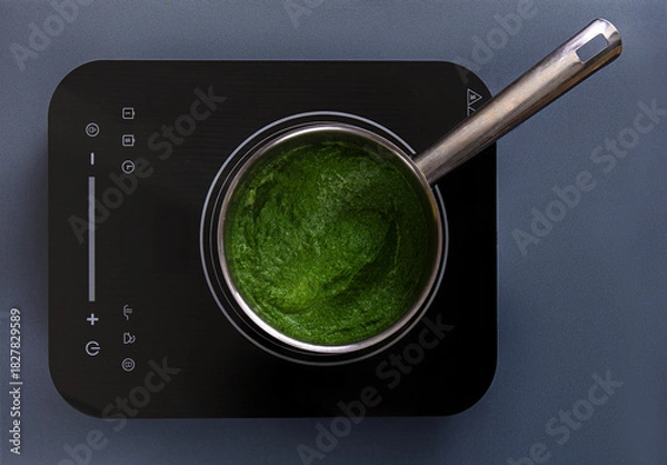 Fototapeta A pot filled with a smooth, bright green sauce sits on an induction cooktop. The scene captures a kitchen environment with modern appliances and natural brightness.