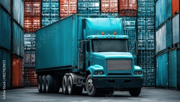 Fototapeta A blue semi-truck is parked in a lot filled with stacked shipping containers