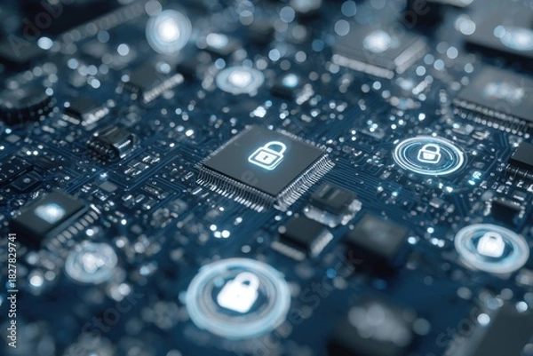 Fototapeta Secure technology circuit board with glowing lock icons