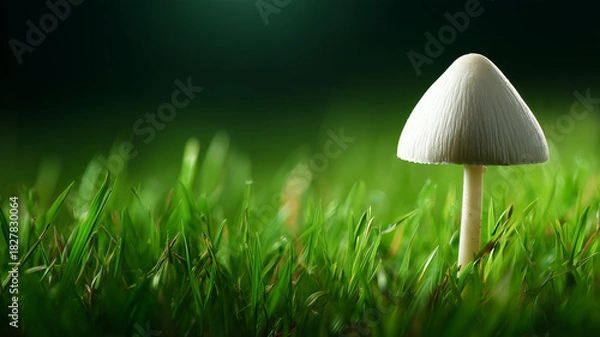 Fototapeta Delicate White Mushroom Standing Tall in Bright Green Grass on
