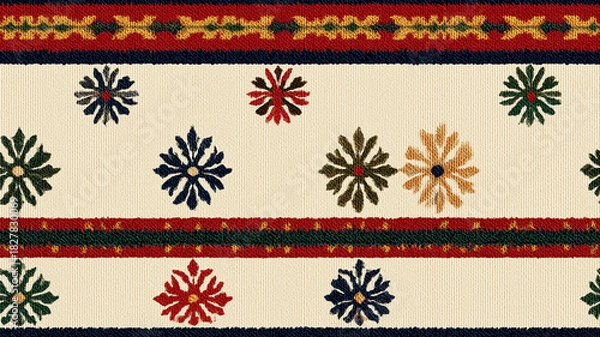 Fototapeta Colorful Woven Fabric With Floral Motifs And Striped Borders