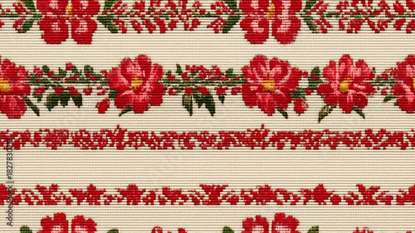 Fototapeta Floral Red Rose Pattern Tapestry Embroidered Textile For Home Decor
