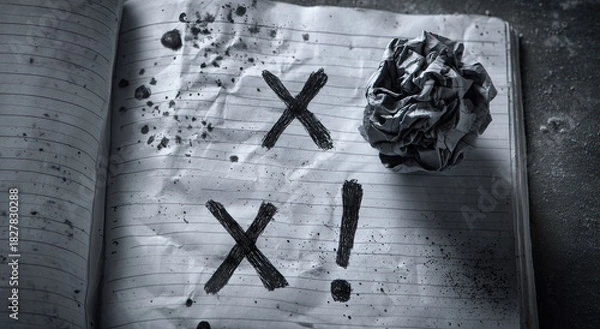 Fototapeta A grayscale notebook with scribbled marks and crumpled paper, conveying a sense of frustration
