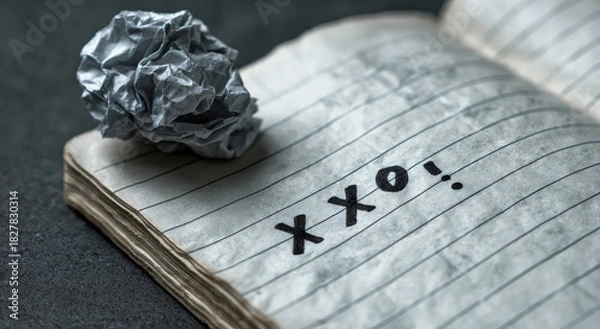 Fototapeta An open, aged notebook with pen-written XOXO; crumpled paper sits nearby