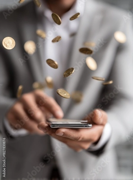 Fototapeta Businessman in a suit uses a smartphone as gold coins rain down around him