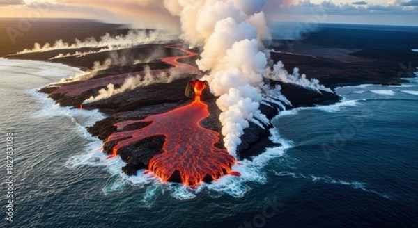 Obraz Dramatic lava river from volcano entering the sea