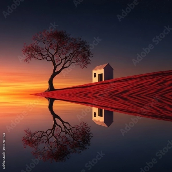 Obraz Surreal Landscape Reflection with Tree and House