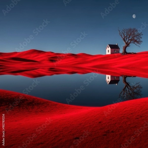 Obraz Surreal red landscape with house tree and moon reflection