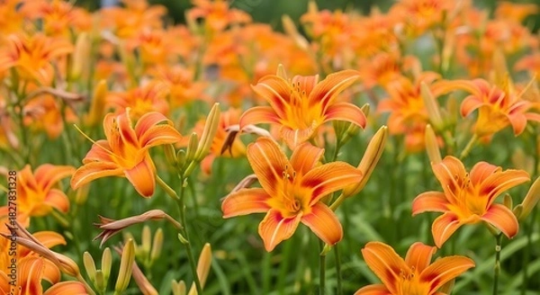 Fototapeta Orange lilies bloom vibrantly in a sunny garden meadow.