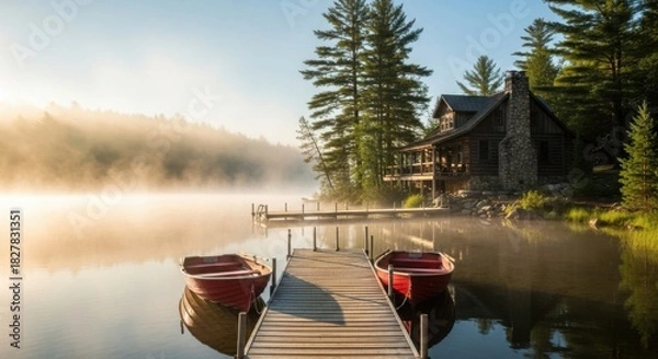 Obraz Misty Morning on a Calm Lake with Rustic Cabin and Rowboats