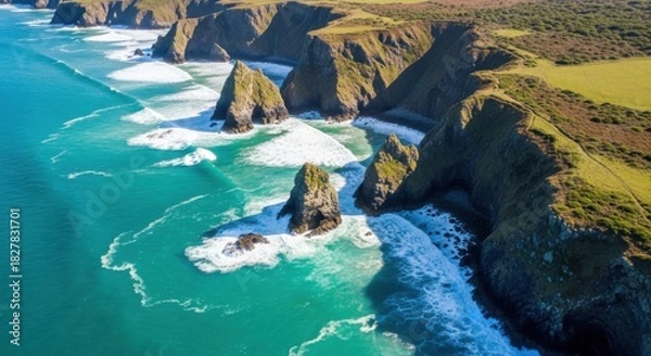 Obraz Aerial view of dramatic sea stacks and rugged coastline