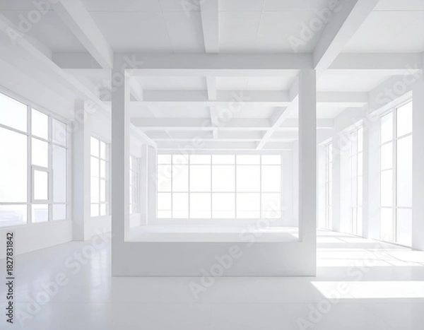 Obraz Bright, white, modern room with large windows, cube shape