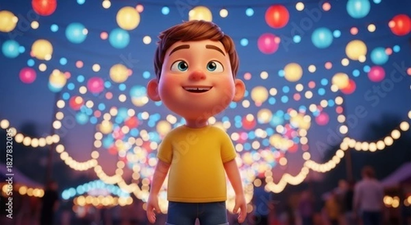 Obraz Happy cartoon boy smiling at a festive light display