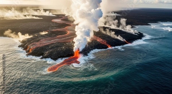 Obraz Spectacular lava flow meets ocean with steam