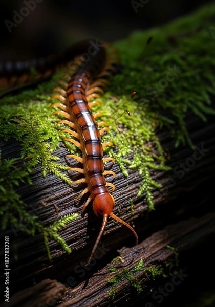 Fototapeta Close-up of a centipede crawling on a moss-covered log.