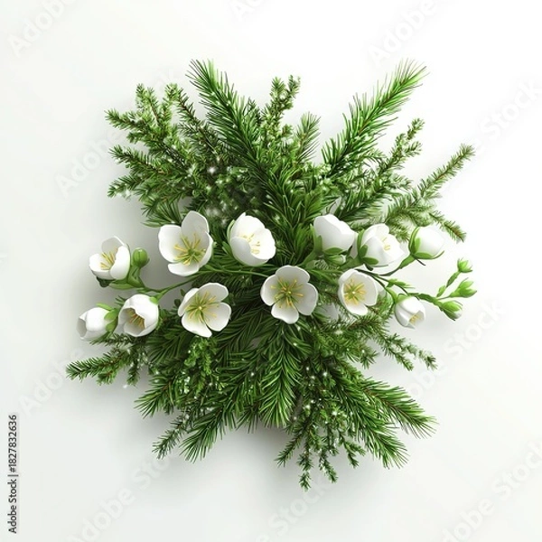 Fototapeta Christmas wreath, pine wreath, white flowers, Christmas, decoration, holiday, natural, background, white background, minimalist, high resolution, still life, door decor, table setting, festive, cheerf