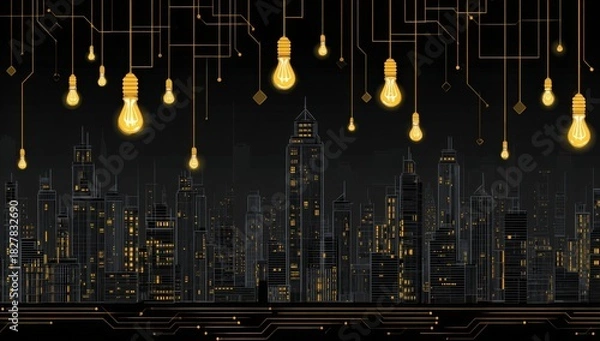 Fototapeta Luminous city skyline at night with glowing bulb lights and circuit board patterns
