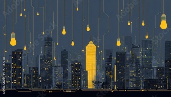 Fototapeta Illuminated urban skyline with glowing lightbulbs and city lights