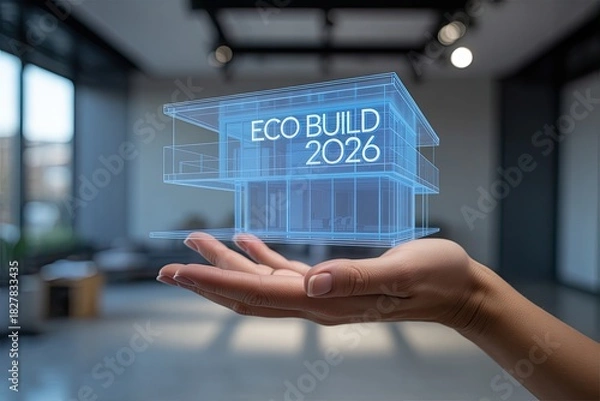Obraz Eco Build 2026 holographic sustainable house model displayed on human hand