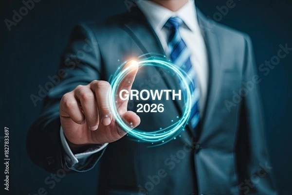 Fototapeta Growth 2026 business leader touching digital progress circle for future advancement
