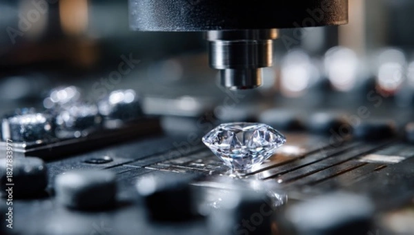 Fototapeta A single, brilliant-cut gemstone sits on a surface, examined by a precision instrument