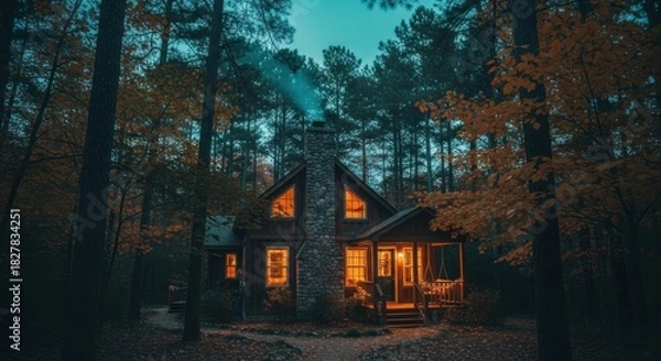 Obraz Cozy cabin with glowing windows in a dark autumn forest