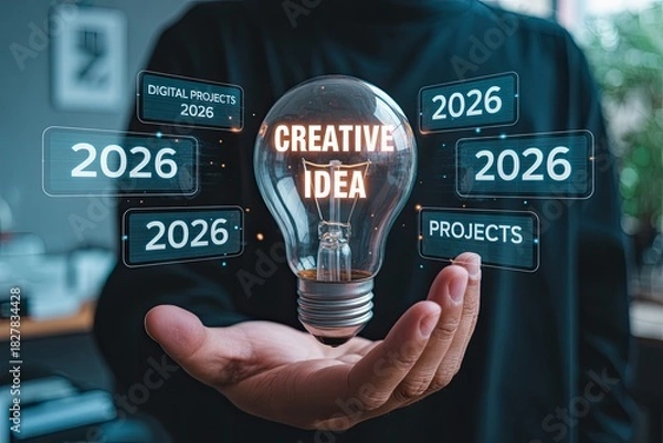 Fototapeta Nnovation and creative projects 2026 with glowing lightbulb and digital futuristic elements