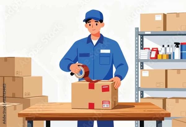 Fototapeta A worker in blue uniform tapes a box. Shelves of boxes & cleaning supplies surround the scene