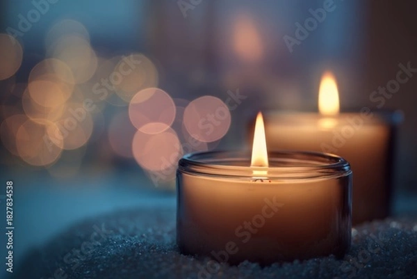 Fototapeta Softly lit candles glow with warm light on a textured surface, blurred festive lights