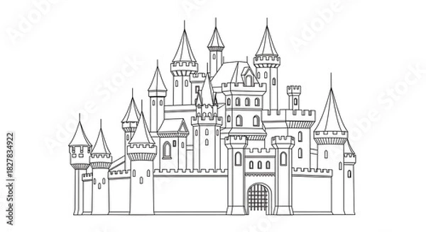 Fototapeta Intricate line art depicts a grand, fairy tale castle with multiple towers and battlements.