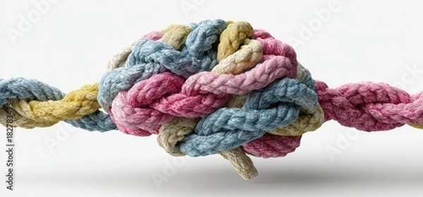 Fototapeta Knotted, colorful ropes braided to resemble a human brain on a white background
