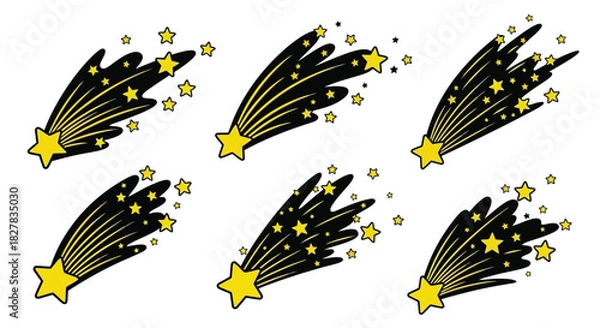 Obraz Set of Six Cartoon Shooting Stars with Tails and Ornate Details Vector Graphic