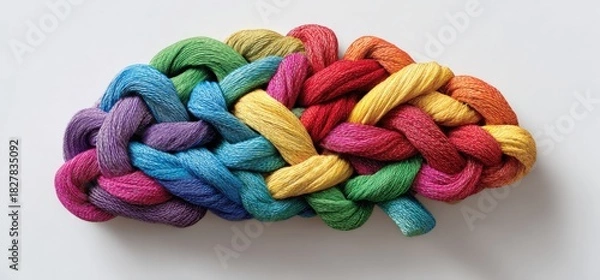 Fototapeta Braided yarn in rainbow colors forms a brain shape on white
