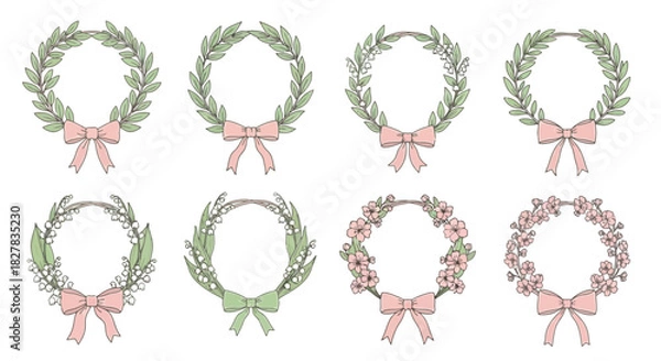Obraz Elegant floral wreath vector illustration set with delicate bows for various design purposes
