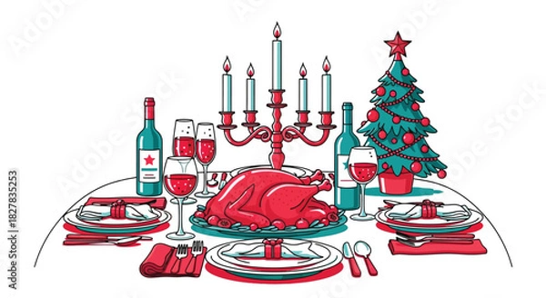 Obraz Holiday Feast: Festive Christmas Dinner Table Vector Illustration with Tree and Decorations