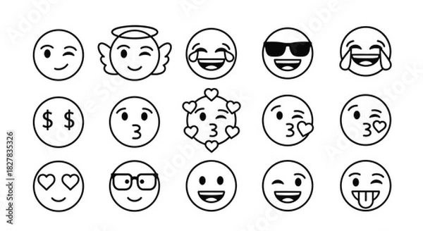 Obraz Emoji Vector Illustration Set: Black and White Emoticons Collection for Digital Communication