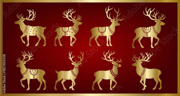 Obraz set of golden reindeer silhouettes, vector art, flat design, plain white design