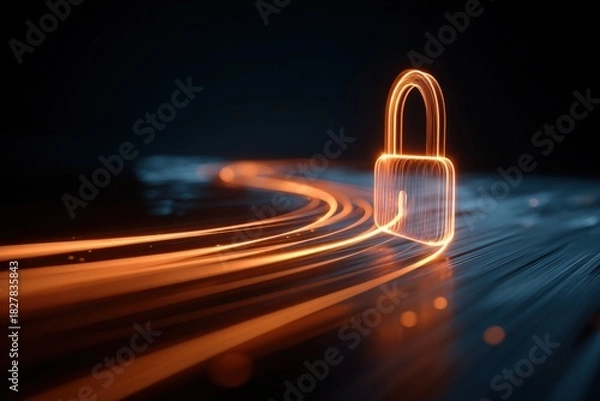 Fototapeta Glowing digital lock on a luminous path, symbolizing digital security