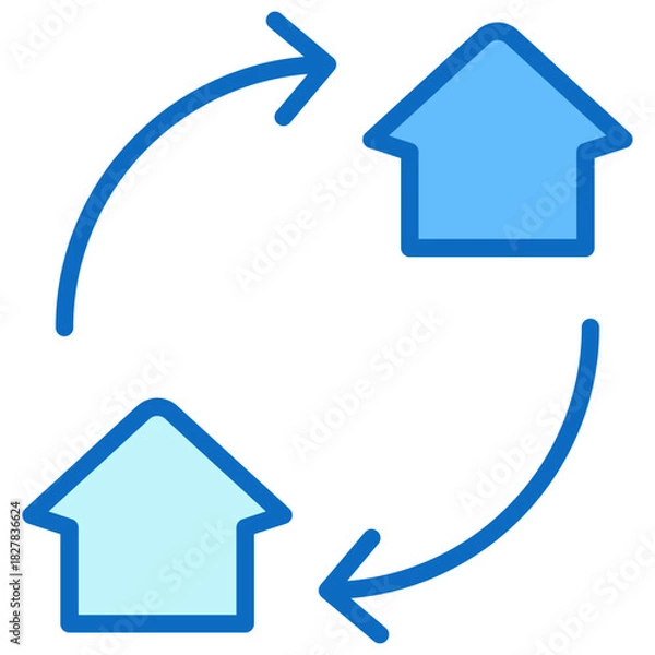 Fototapeta Property Exchange Blue Fill Icon Design Vector - Two houses connected by arrows, symbolizing property swap, relocation, or home exchange process