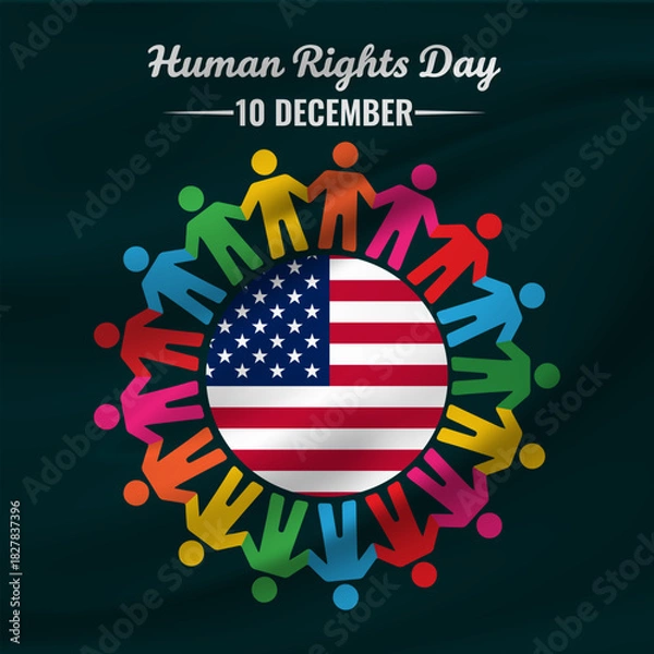 Fototapeta An illustration for Human Rights Day on December 10, featuring a diverse circle of colorful human silhouettes holding hands around a prominent US flag, symbolizing American values of equality & unity
