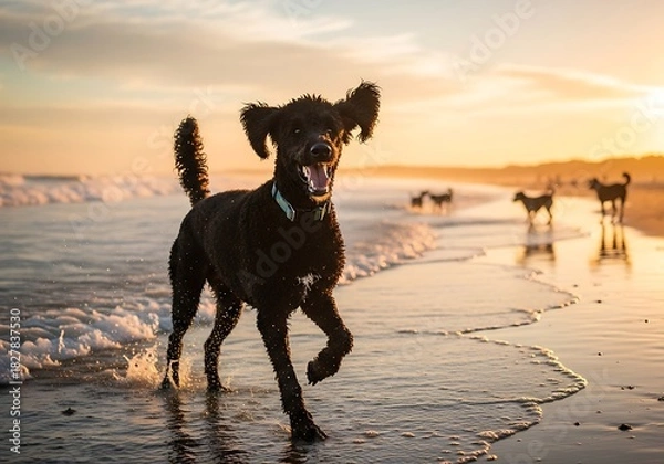 Fototapeta Happy dog runs through ocean waves at sunset with other dogs in background.