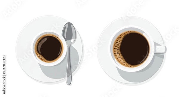 Obraz Realistic flat 2D vector illustration showcasing both the top and side views of a full white cup of Americano coffee and a small silver spoon, cleanly isolated against a white background.