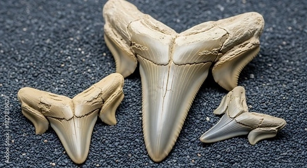 Fototapeta Three fossilized shark teeth rest on dark, grainy sand.