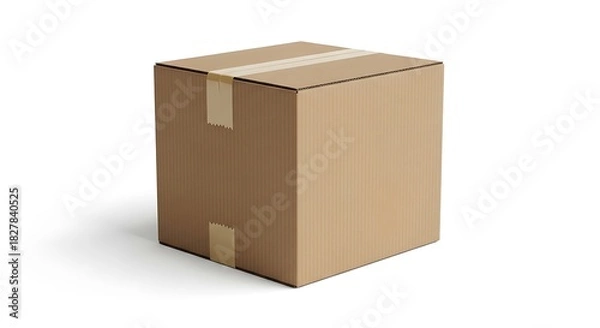 Fototapeta Cardboard box with tape on white background shows package delivery.