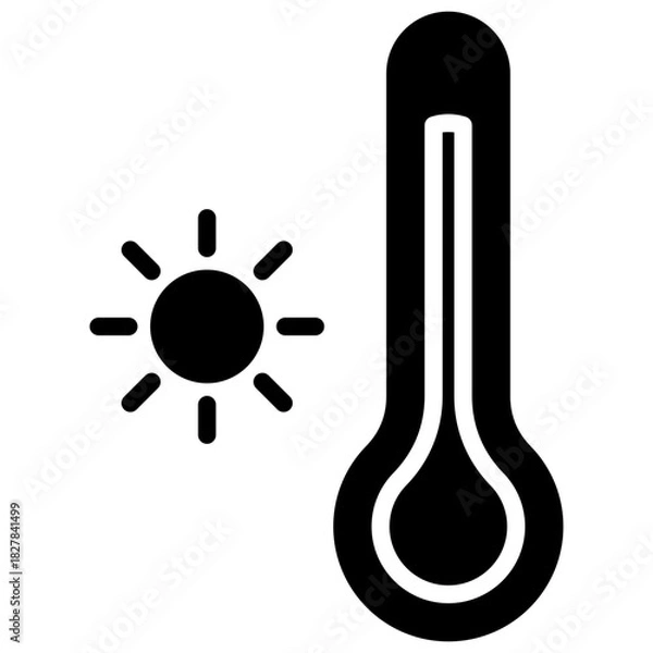 Fototapeta High Temperature Glyph Black Silhouette Icon Design Vector - thermometer with sun symbol representing heat, fever, hyperthermia, and temperature monitoring